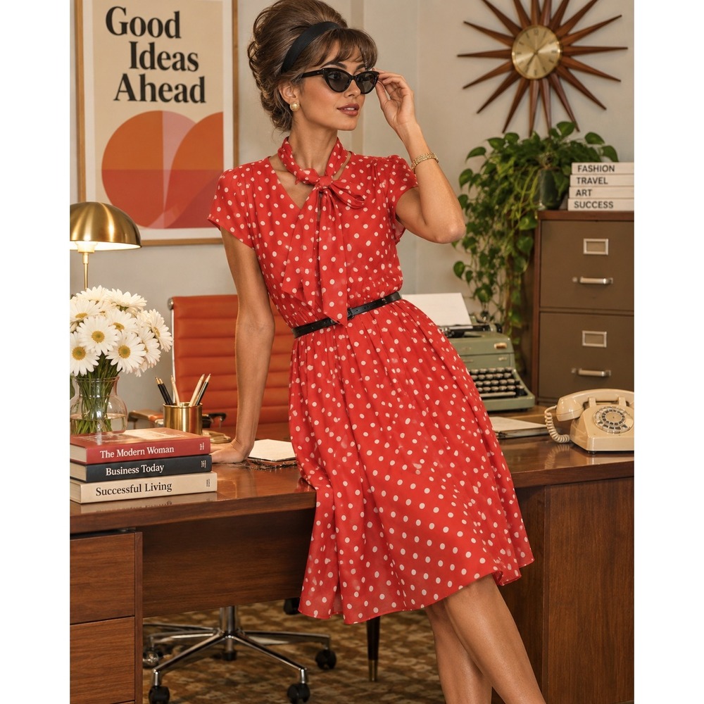 Joanie Clothing Red Polka Dot Bow Midi Dress Retro 50s Style Size 14